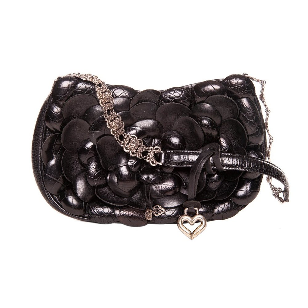 Brighton Rosalie Black Leather Handbag Shoulder Purse Flower Design